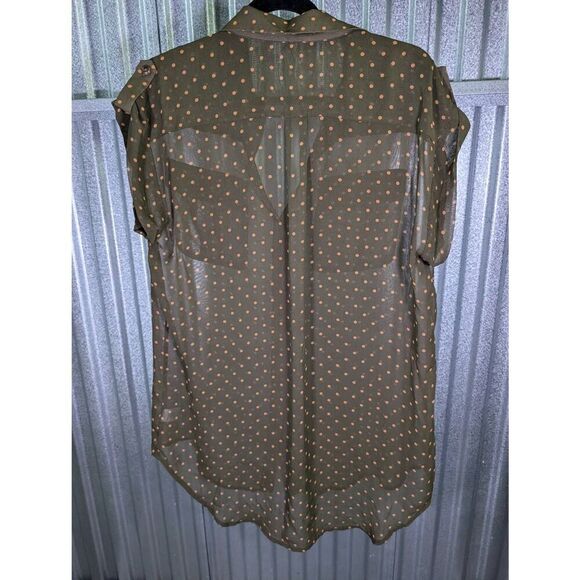 Pleione S (Nordstrom) Olive Green W/Tan  Polka Dot Pattern Buttom Up Blouse Wome - Picture 3 of 8